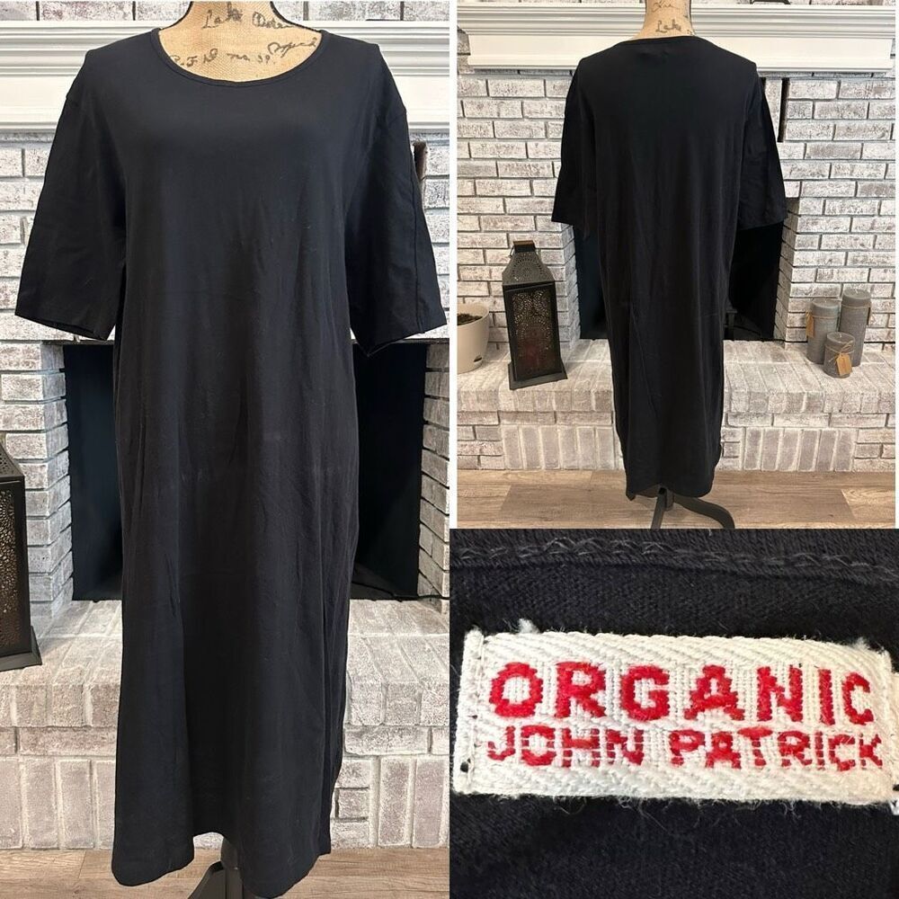 Organic John Patrick Black Day Dress Midi Scoop Neck Shirt Dress Medium Cotton